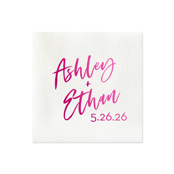 Step into the spotlight with the Modern Stacked Names & Date Napkin, where the couple's names take center stage in a marquee-inspired scrolling script. The date, presented in striking block letters, adds a dramatic touch, making every guest feel part of the star-studded event.