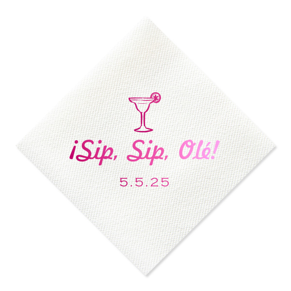 Add a twist of lime to your fiesta with the Sip, Sip, Olé! Margarita Napkin. Featuring a vibrant margarita glass, this napkin invites guests to clink glasses and savor the celebration, with space for a personalized touch that says 'salud' to fun!"