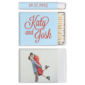 Capture love’s spark with the Love Snapshot Photo Matchbox. It features the couple’s names in a fun, flirty script on the front. The back displays a playful photo of the couple, radiating their shared joy. The celebration date adorns the side, making this matchbox a memorable keepsake of their special day. This design invites couples to choose a beloved photo to personalize their own matchbox, adding a unique and intimate touch to their wedding celebration.