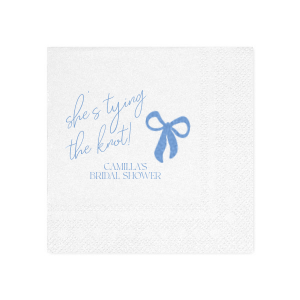 Celebrate the bride-to-be with the Modern Bow Bridal Bliss Napkin, elegantly displaying "She's tying the knot" in a lovely script above her name, all accentuated by a chic bow design. An exquisite choice for adding a personalized touch to any bridal shower.