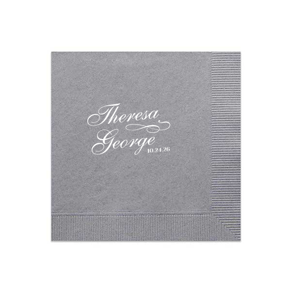 The ever-popular Dove Gray Cocktail Napkin with Matte White Foil has a Flourish 2 graphic and will look fabulous with your unique touch. Your guests will agree!