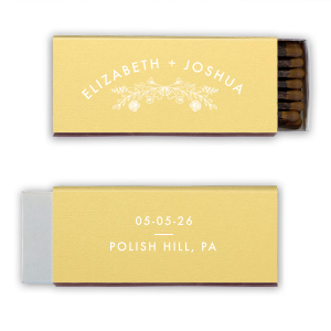 The Floral Bough Wedding Match presents a graceful bough design, symbolizing the blossoming union of a couple. Curved elegantly over this motif are the couple’s names, signifying their shared journey. On the back, the date and event location are tastefully featured, perfect for commemorating a special day.