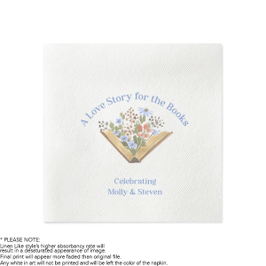 Unfold a tale of romance with the Love Story for the Books Floral Napkin, crowned with "A Love Story for the Books" above a vibrant illustration of an open book with flowers springing forth. Personalize this literary-themed napkin with the couple's names to add a chapter of charm to your special event.
