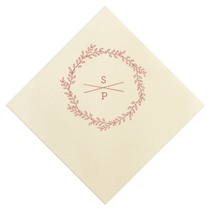 Custom Ivory Cocktail Napkin with Shiny Rose Quartz Foil has a Rustic Wreath graphic and is good for use in Frames, Wedding, Anniversary themed parties and will look fabulous with your unique touch. Your guests will agree!