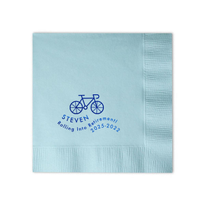 Pedal to Paradise. Celebrate the journey with the Rolling into Retirement Bicycle Napkin. Featuring a charming bicycle graphic and a playful "Rolling into Retirement" wave design, this napkin captures the excitement of new adventures ahead. Perfect for honoring the retiree's years of service and the open road that awaits.

