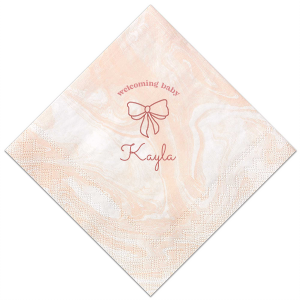 Celebrate your bundle of joy with the Baby Shower Bows Welcome Napkin, elegantly announcing 'Welcoming Baby' above a chic, minimal bow graphic. Personalize with your new arrival's name for a trendy touch at your baby shower or welcome home event.