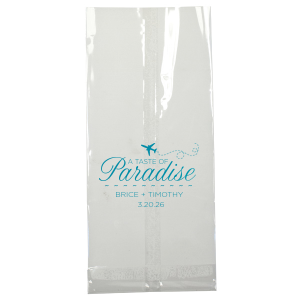 Embark on a tropical journey with the Paradise Destination Gift Bag featuring 'Paradise' in vibrant script with an airplane soaring above. Beneath this scene, the couple's names and date await, inviting guests to your sun-kissed celebration.
