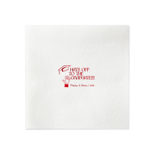 Applaud the new graduate with the Hats Off Graduation Cheer Napkin, emblazoned with a celebratory hand tossing a graduation cap and the phrase "Hats off to the graduate," personalized with the graduate's name and year. A perfect addition to any graduation festivity.