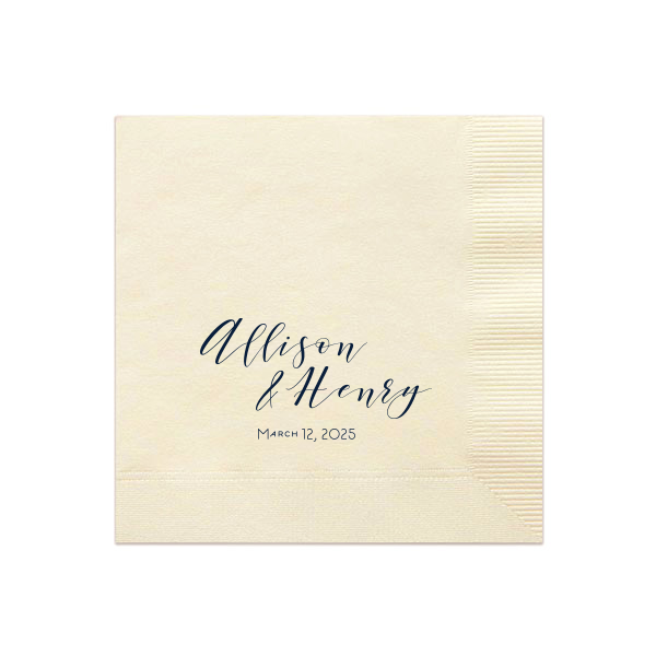 Relax into the joy of the occasion with the Playful Script Names Napkin. The couple's names are charmingly presented in a playful, casual script, capturing an artistic vibe. Below, the event date in smaller block letters adds a neat touch, making this design effortlessly stylish and perfectly approachable.