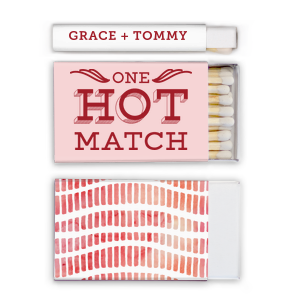 Our beautiful custom White Classic Custom Photo Matchbox with Matte Blush Ink Digital Print Colors and Matte Red Berry Ink Digital Print Colors has a One Hot Match graphic and is good for use in Words, Wedding, Anniversary themed parties and are a must-have for your next event—whatever the celebration!