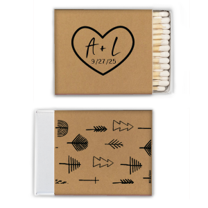 Our custom Natural Khaki 30 Strike Matchbook with Matte Black Foil has a Heart Outline graphic and is good for use in Hearts, Wedding themed parties and can be personalized to match your party's exact theme and tempo.