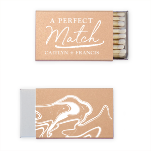 The ever-popular Shimmer Rose Gold 30 Strike Matchbook with Matte White Foil can be customized to complement every last detail of your party.