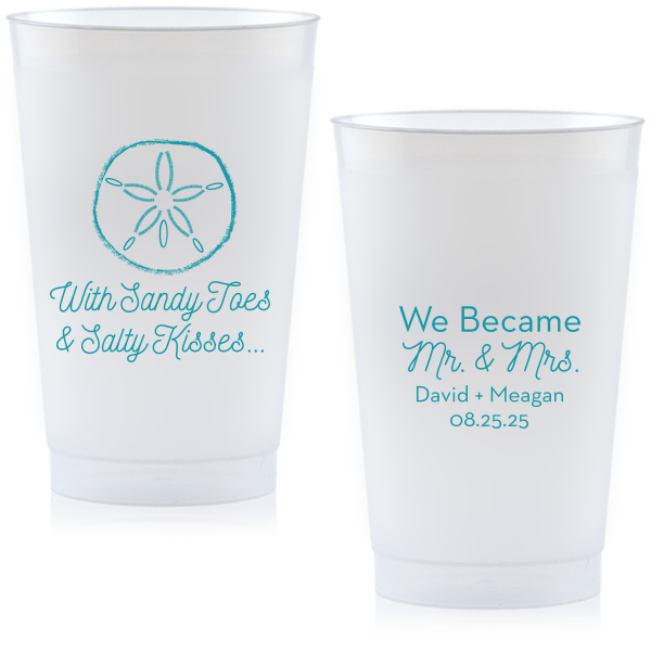 Bring your wedding party to the beach! With our Sand Dollar graphic, cute saying and script font, these blue napkins will. Customize with your names for festive wedding barware that can double as personalized party favors. 