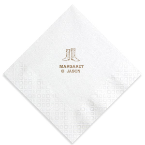 Step into matrimonial bliss with the Cowboy Boots Union Napkin, personalized with the couple's names beneath a charming graphic of a pair of cowboy boots. A perfect touch for a wedding with rustic charm or country flair.