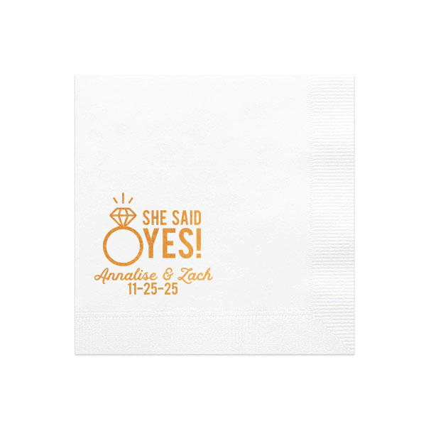 Personalized White Cocktail Napkin with Shiny Copper Foil has a Diamond Ring graphic and is good for use in Wedding, Bridal Shower themed parties and can't be beat. Showcase your style in every detail of your party's theme!