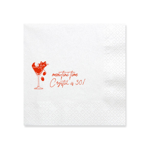 Celebrate another year of purr-fection with the Meowtini Time Birthday Napkin, featuring a whimsical drawing of a cat lounging in a martini glass, olives playfully tumbling out. Beside it, the phrase "Meowtini Time" invites a smile, with space for your name and new age in a chic script. The ultimate party accessory for cat and cocktail enthusiasts alike.