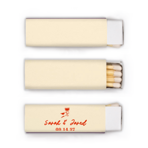 Ignite the spark of your wedding day with the Toasting Hands Wedding Matches, featuring an endearing illustration of a cartoon hand with a glass of wine raised in a celebratory toast. Below the image, the couple's names are elegantly written in a charming script, with the event date thoughtfully placed in a classic serif font. These matches are a delightful memento of your union.