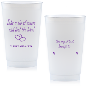 Create wedding details so perfect, they're magical. Customize this plastic cup for wedding barware that can double as a personalized party favor! Our Interlocking Hearts graphic will fit any theme. Simply choose your colors and add your names.