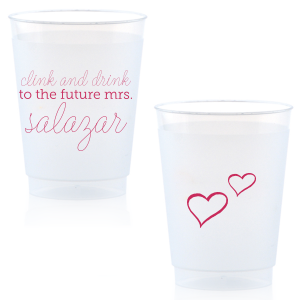 Customize Clink & Drink cups for a smashing addition to your bridal shower or bachelorette party! The Fuchsia print, hand lettered script and little hearts give a playful feminine touch your bride will love. Fun in the moment, they also make fabulous personalized party favors.
