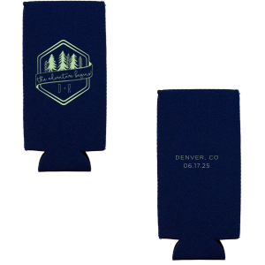 Kick off your lifelong adventure with the Adventure Begins Can Cooler. Featuring a pine tree-framed hexagon and a playful ribbon announcing "The adventure begins," this design captures the thrill of new beginnings. Perfect for couples ready to explore life together.