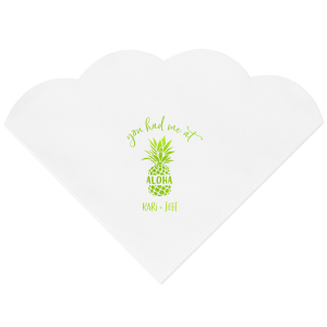 Capture the magic of love with the You had Me at Aloha Napkin. Featuring a charming pineapple graphic with "Aloha" banded across it, this design gives a playful twist to a classic romantic movie line. Perfect for couples who want to add a touch of Hawaiian charm to their special day.