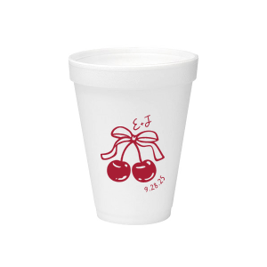 Raise a glass at your next special event with the Cherry Bow Initials Cup! The two cherries are tied together by a bow, reflecting the partnership of you and your sweetheart. Customize the text to make it extra special at your next momentous occasion, be it an engagement, wedding, anniversary or any other celebration of love.