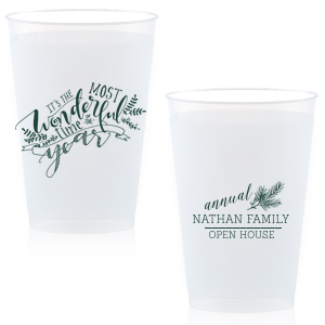 Raise a glass to yuletide tunes with the The Most Wonderful Time Holiday Cup, where the iconic lyrics twirl amid seasonal greenery. On the back, a pine bough awaits your festive verse, making each sip a jingle of joy.