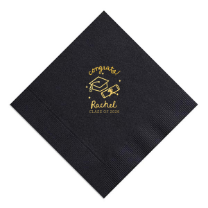 Celebrate the graduate's success with the Scripted Cap & Diploma Grad Napkin, elegantly personalized with the graduate's name and year in a handwritten script font. Featuring a classic graduation cap and diploma graphic, it's a sophisticated touch for any graduation festivity.