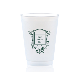 ForYourParty's personalized Matte Army Green Ink 12 oz Frost Flex Cup with Matte Army Green Ink Cup Ink Colors has a Crest Regal graphic and is good for use in Floral, Wedding themed parties and can't be beat. Showcase your style in every detail of your party's theme!
