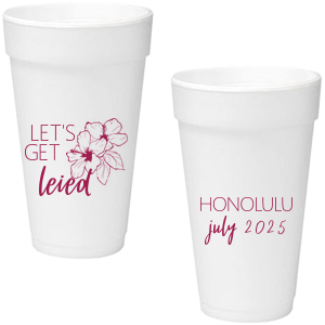 ForYourParty's personalized Matte Dark Magenta Ink 12 oz Styrofoam Cup with Matte Dark Magenta Ink Cup Ink Colors has a Hibiscus graphic and is good for use in Floral themed parties and can be personalized to match your party's exact theme and tempo.