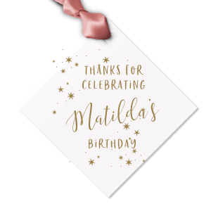 Celebrate your upcoming event with this letterpress gift tag. The sparkle motif will add razzle dazzle to your gift bag or candy bag. Personalize this gift tag with your name and the event you are celebrating!