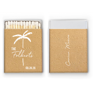 Your guests will be impressed by the tropical Palm Tree Wedding Matchbox at your next event! The wood textured paper gives it a natural feel that adds another touch of uniqueness to your keepsakes. Customize the text in your choice of fonts and colors to best match the vibe of your summertime bash.