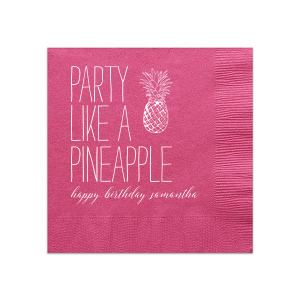 Embrace the tropical vibe with the Party Like A Pineapple Napkin, which conjures up a carefree, warm celebration. A vivid pineapple illustration symbolizes hospitality and adds a fruity zest, while a personalized message and name below promise a fun, sun-kissed bash.