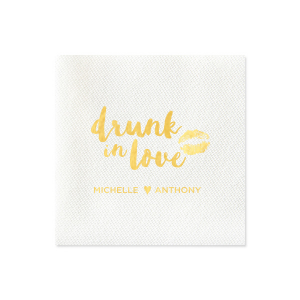 Set hearts aflutter with the Drunk in Love Smooch Napkin, where a whimsical 'drunk in love' meets a playful lipstick kiss. Below, the couple's names unite with a heart, capturing the heady bliss of romance at your celebration.