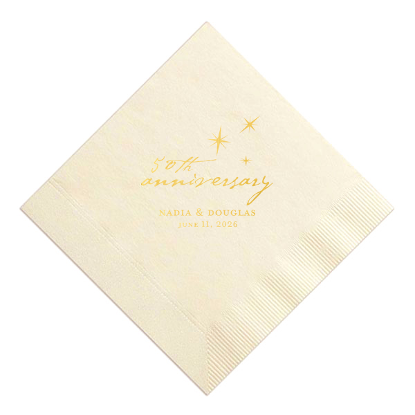 Celebrate years of love under a canopy of stars with the Stars Anniversary Napkin, where a scripted anniversary year mingles with celestial sparkle. The couple's names and date shine below, adding a touch of twilight enchantment to your milestone festivity.