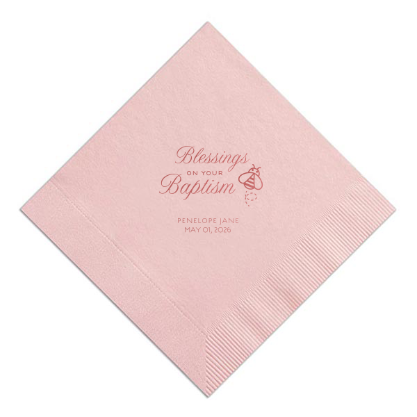 Heartfelt elegance shines through with the Blessings on Your Baptism Napkin. A whimsical bee flutters beside a beautifully scripted blessing, symbolizing the sweetness of God's love and wisdom. Perfect for celebrating this cherished moment with grace and charm.