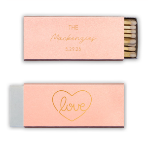 Our personalized Poptone Pastel Pink Classic Matchbox with Shiny Copper Foil has a Love Heart Sign graphic and is good for use in Wedding, Anniversary, Hearts themed parties and will look fabulous with your unique touch. Your guests will agree!