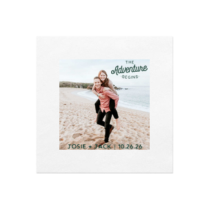 Commemorate new beginnings with The Adventure Begins Custom Photo Napkin. Personalize with a cherished photo, names, and date to spotlight your celebration's stars. Whether for lovebirds or enduring adventurers, it's a beautiful canvas capturing memories, elegantly adorning your festive table!