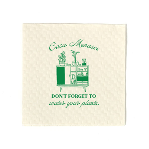 Welcome friends to your new abode with the Botanical Bar Cart Home Entertaining Napkin, adorned with a stylish bar cart and plant graphic and the gentle prompt "Don't forget to water your plants," all below your name or house title in a contemporary script. A charming and practical touch for your housewarming gathering.