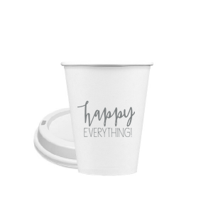 ForYourParty's personalized Matte Slate Gray Ink 12 oz Paper Coffee Cup with Lid has a Happy everything graphic and is good for use in Words, Holiday, Birthday themed parties and will look fabulous with your unique touch. Your guests will agree!