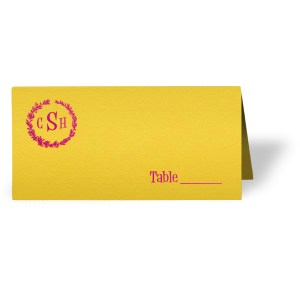 The ever-popular Poptone Yellow Euro Place Card with Shiny Fuchsia Foil has a Leaf Frame 4 graphic and is good for use in Rustic themed parties and can be personalized to match your party's exact theme and tempo.