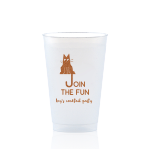 Elevate your home entertaining or birthday bash with the Cat Join the Fun Cup, whimsically illustrated with a cat whose tail creatively forms the letter 'J', helping to spell the phrase "Join the Fun." Below this playful design, add a personal touch by customizing with your name, inviting guests to share in the merriment.