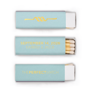 The Bold Perfect Match Name & Date Wedding Match design strikingly highlights the word "Perfect" and the wedding date in emphasized text, contrasting with the elegantly presented names. This play on text emphasis creates a stylish, memorable, and eye-catching matchbox. 