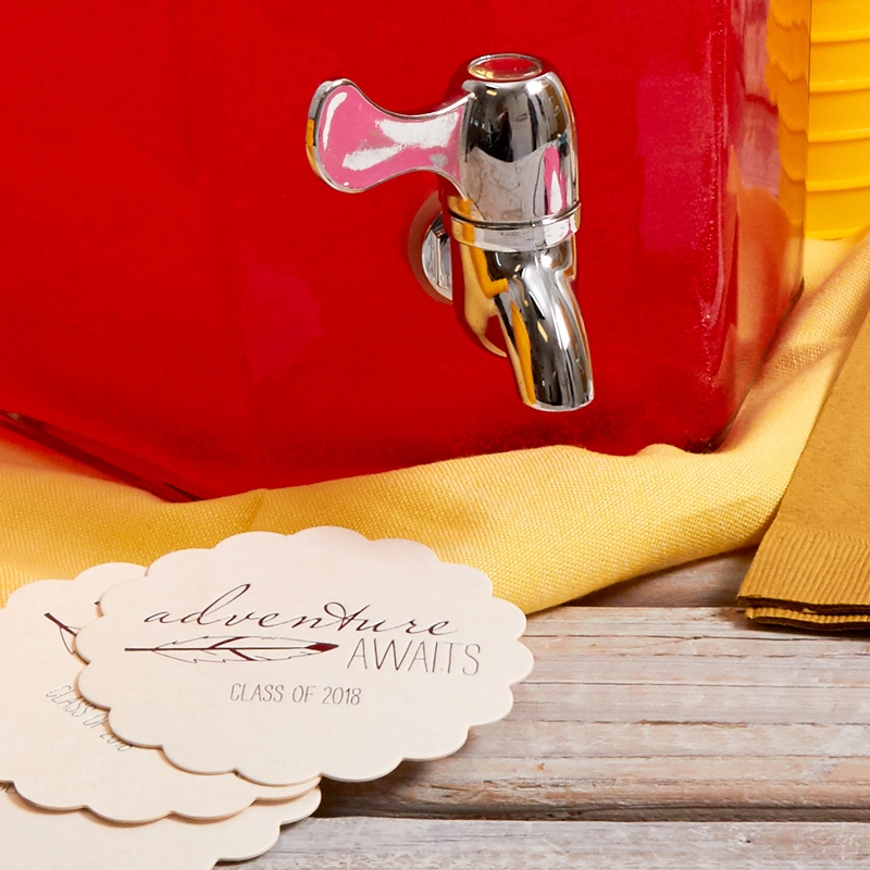 drink bar with custom coasters for boho graduation party theme