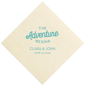 Our beautiful custom White Quick Ink Printed Cocktail Napkin with Matte Teal Ink Digital Print Colors has a The Adventure Begins graphic and is good for use in Wedding, Anniversary themed parties and can't be beat. Showcase your style in every detail of your party's theme!