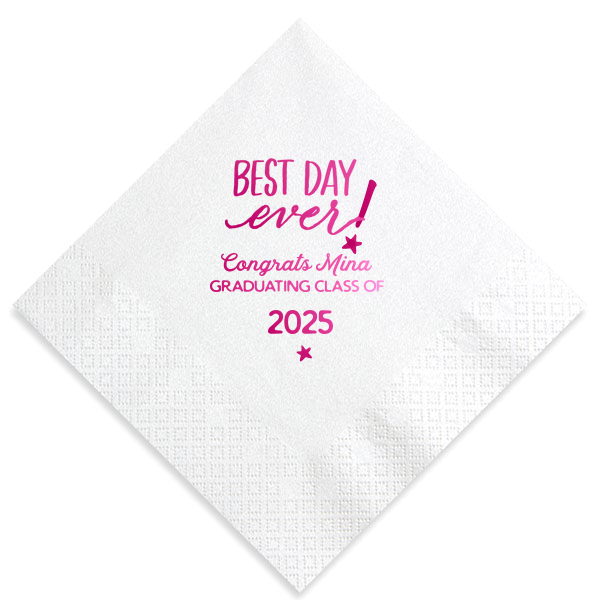 Commemorate a milestone with the Best Grad Day Ever Napkin, where 'BEST DAY EVER' declares triumph amid twinkling stars. Honor the graduate's stellar achievement as they cap off their education, capturing the sparkle of success and the glow of a bright future