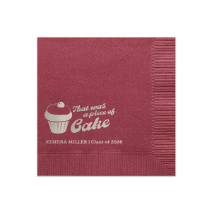 Add a sweet touch to the graduation festivities with the Piece of Cake Graduation Napkin, featuring a delightful cupcake graphic and the playful phrase "That was a piece of cake," along with the graduate's name and year. A lighthearted nod to their accomplished journey.