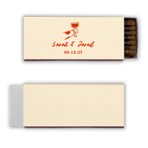 Ignite the spark of your wedding day with the Toasting Hands Wedding Matches, featuring an endearing illustration of a cartoon hand with a glass of wine raised in a celebratory toast. Below the image, the couple's names are elegantly written in a charming script, with the event date thoughtfully placed in a classic serif font. These matches are a delightful memento of your union.