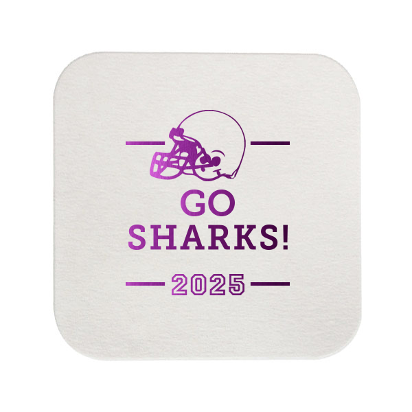 ForYourParty's personalized Eggshell Square Coaster with Shiny Amethyst Foil has a Helmet graphic and is good for use in Sports themed parties and are a must-have for your next event—whatever the celebration!