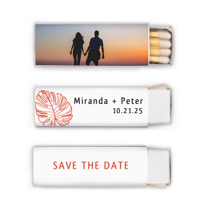 ForYourParty's personalized White Classic Custom Photo Matchbox with Matte Black Ink Digital Print Colors and Matte Poppy Ink Digital Print Colors has a Palm Pattern graphic and is good for use in Floral, Full Bleed, Organic themed parties and will add that special attention to detail that cannot be overlooked.